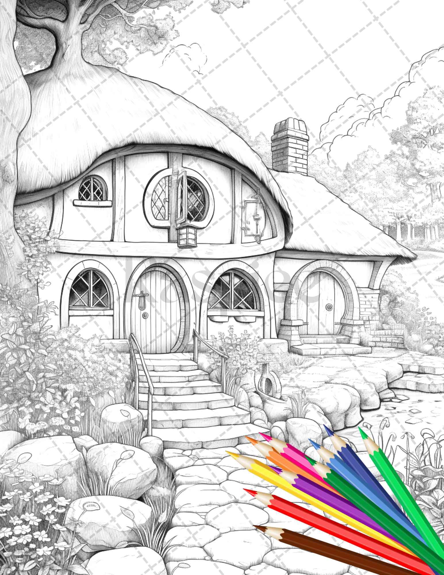 43 Enchanted Hobbiton Houses Grayscale Coloring Pages Printable for Adults, PDF File Instant Download