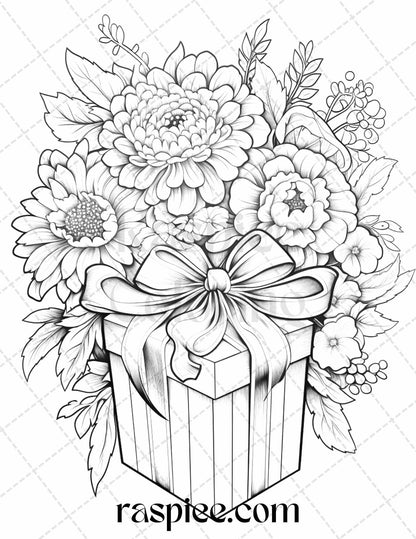 40 Flower Gift Box Grayscale Coloring Pages Printable for Adults Kids, PDF File Instant Download