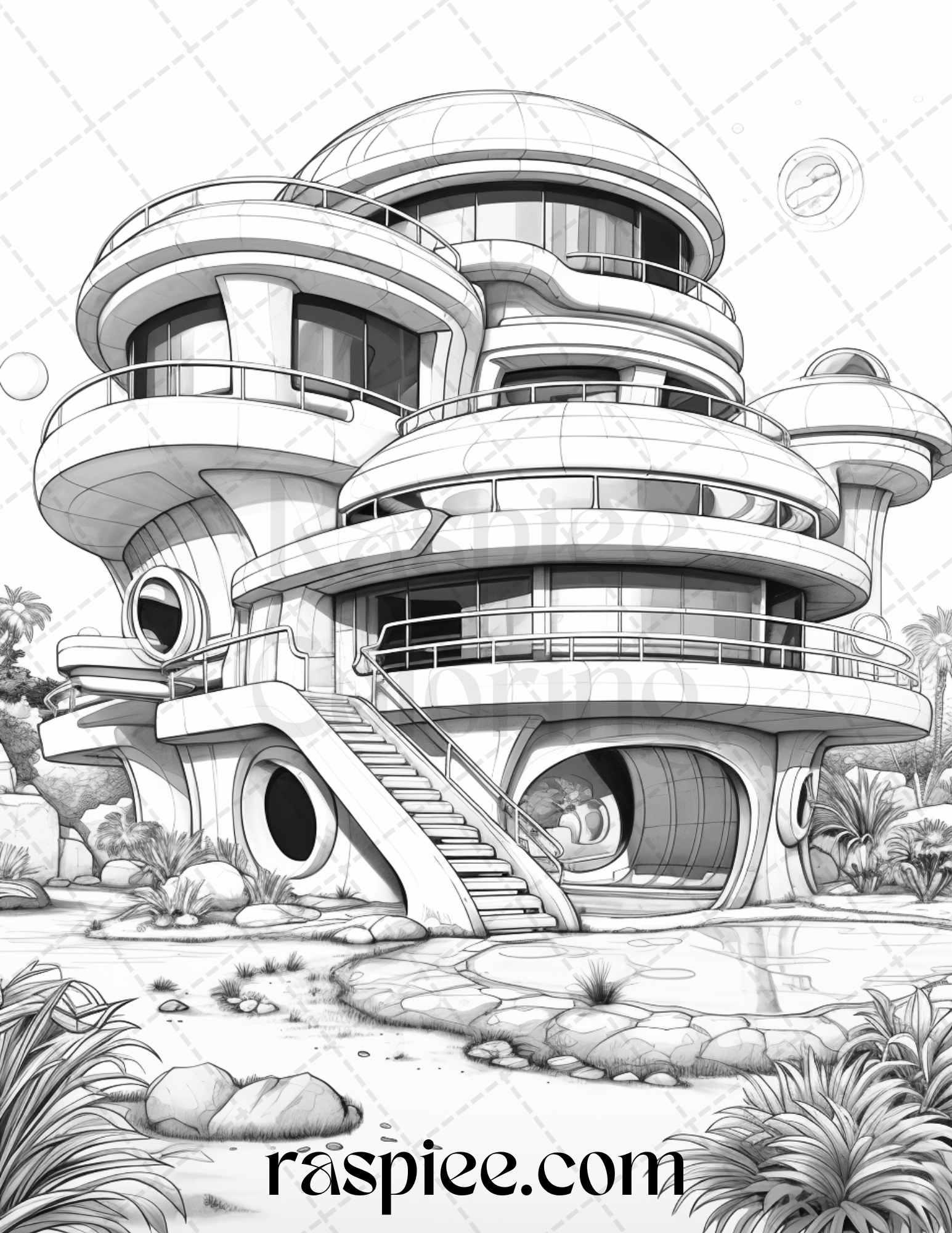 43 Futuristic Houses Grayscale Coloring Pages Printable for Adults, PDF File Instant Download