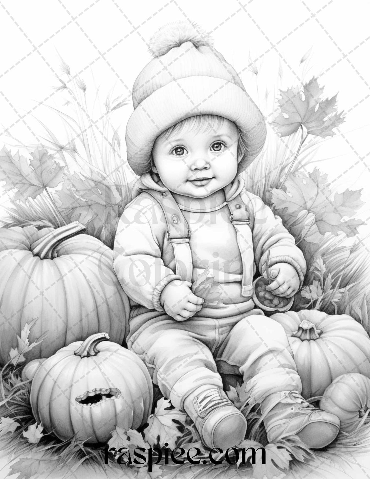 40 Pumpkin Babies Grayscale Coloring Pages for Adults and Kids, Printable PDF File Instant Download