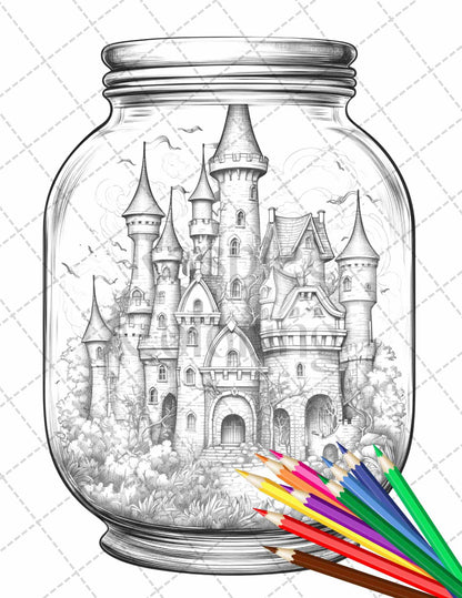 42 Fantasy Castle In Jar Grayscale Coloring Pages Printable for Adults, PDF File Instant Download