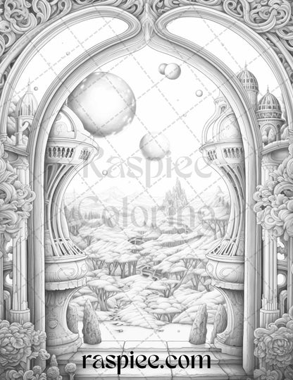 40 Window to Fantasy Worlds Grayscale Coloring Pages Printable for Adults, PDF File Instant Download