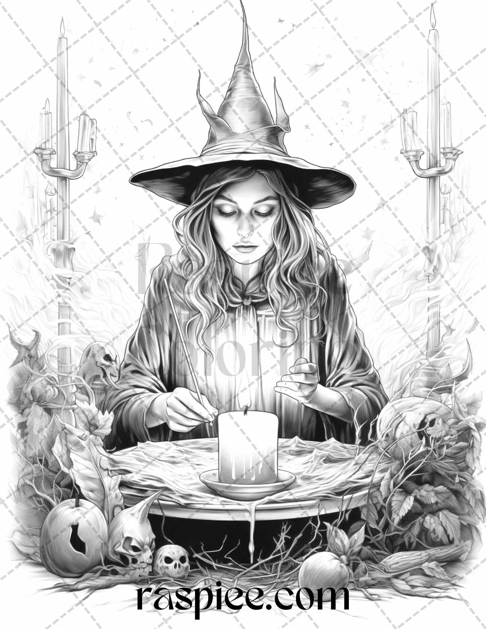 40 Witchy Wonders Grayscale Coloring Pages Printable for Adults, PDF File Instant Download