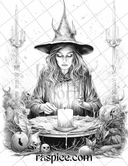 40 Witchy Wonders Grayscale Coloring Pages Printable for Adults, PDF File Instant Download