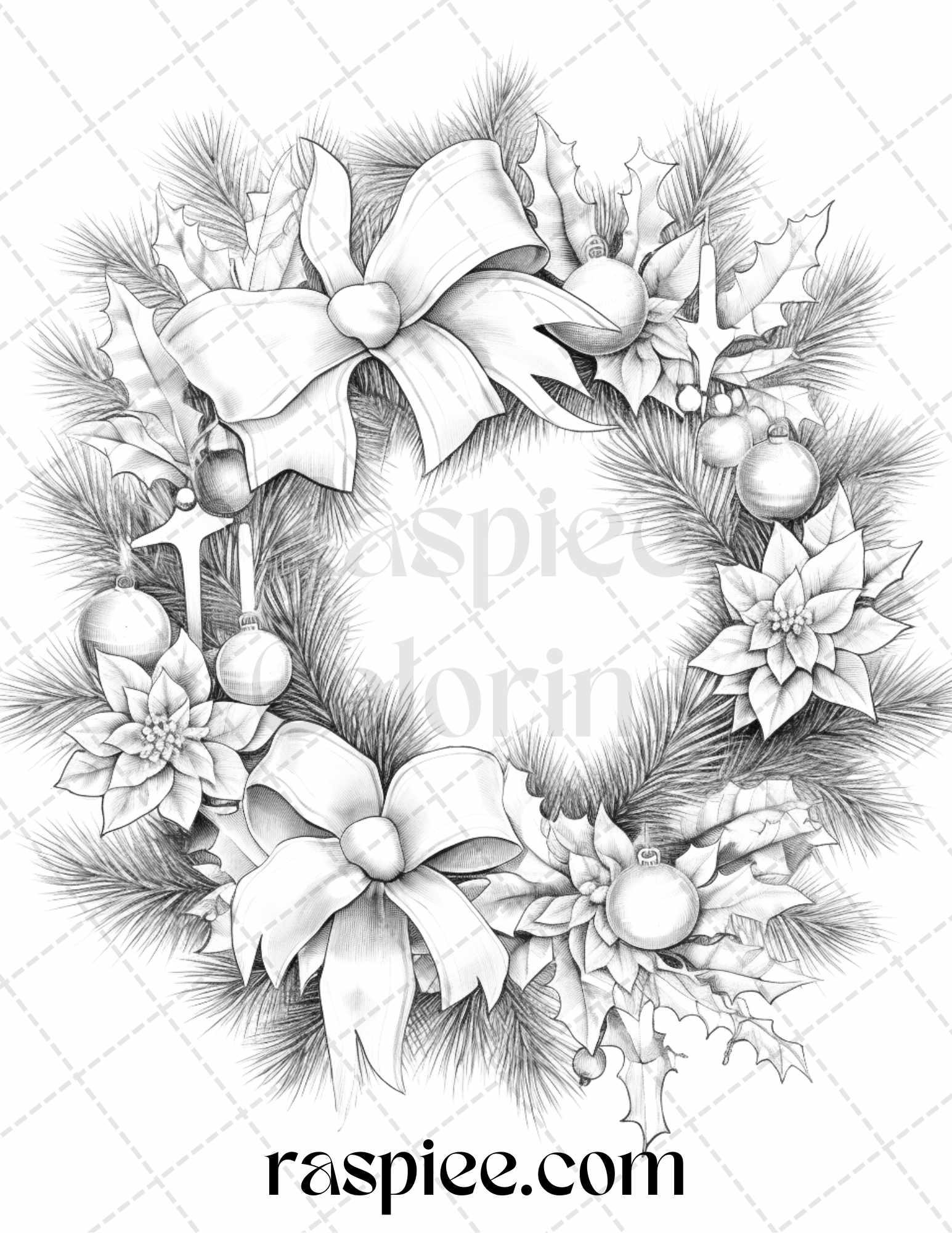 40 Christmas Wreath Grayscale Coloring Pages Printable for Adults, PDF File Instant Download