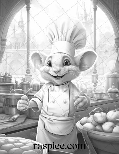 45 Mouse Chef Grayscale Coloring Pages Printable for Adults, PDF File Instant Download