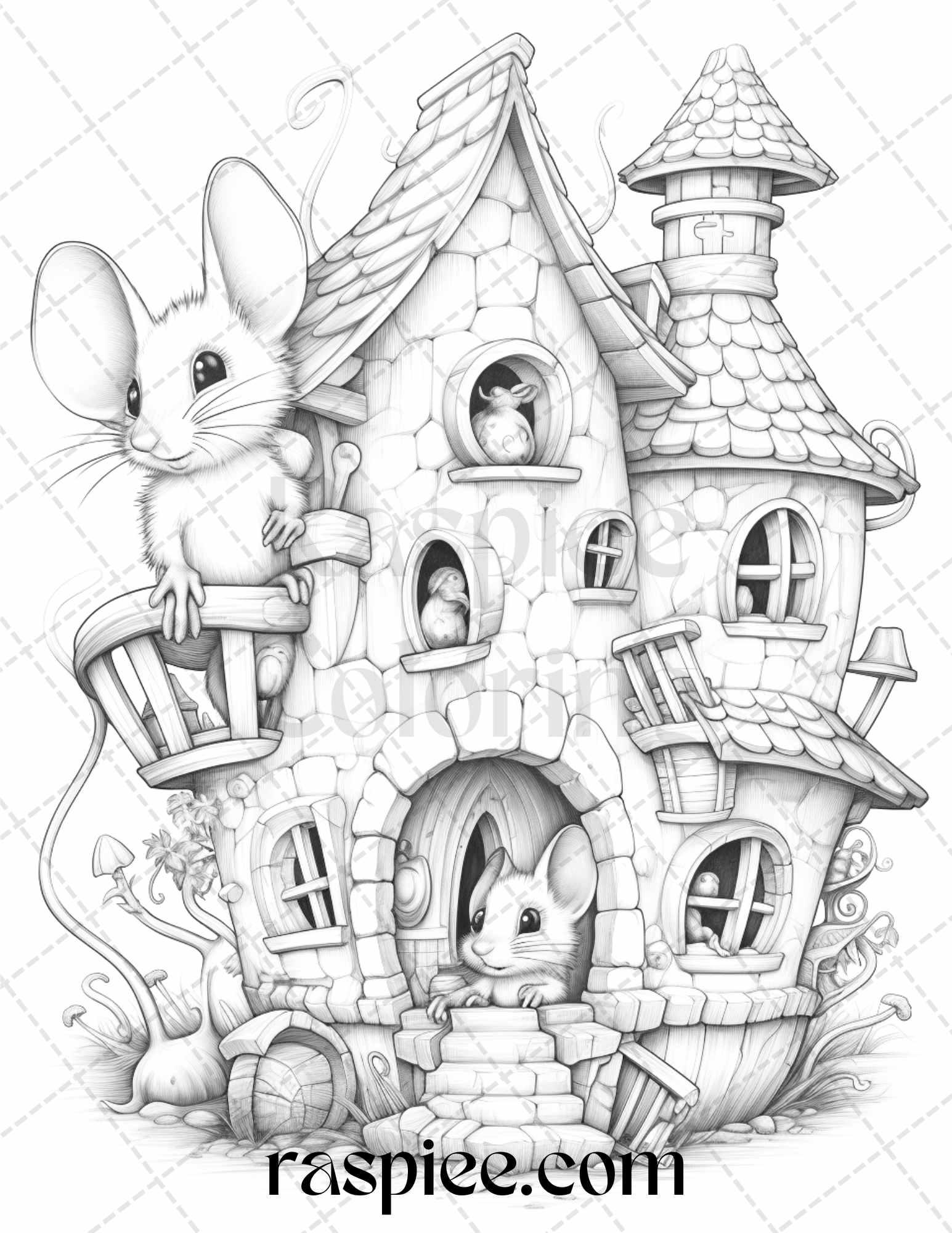 40 Magical Mouse Houses Grayscale Coloring Pages Printable for Adults, PDF File Instant Download