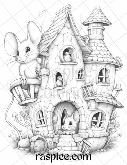 40 Magical Mouse Houses Grayscale Coloring Pages Printable for Adults, PDF File Instant Download