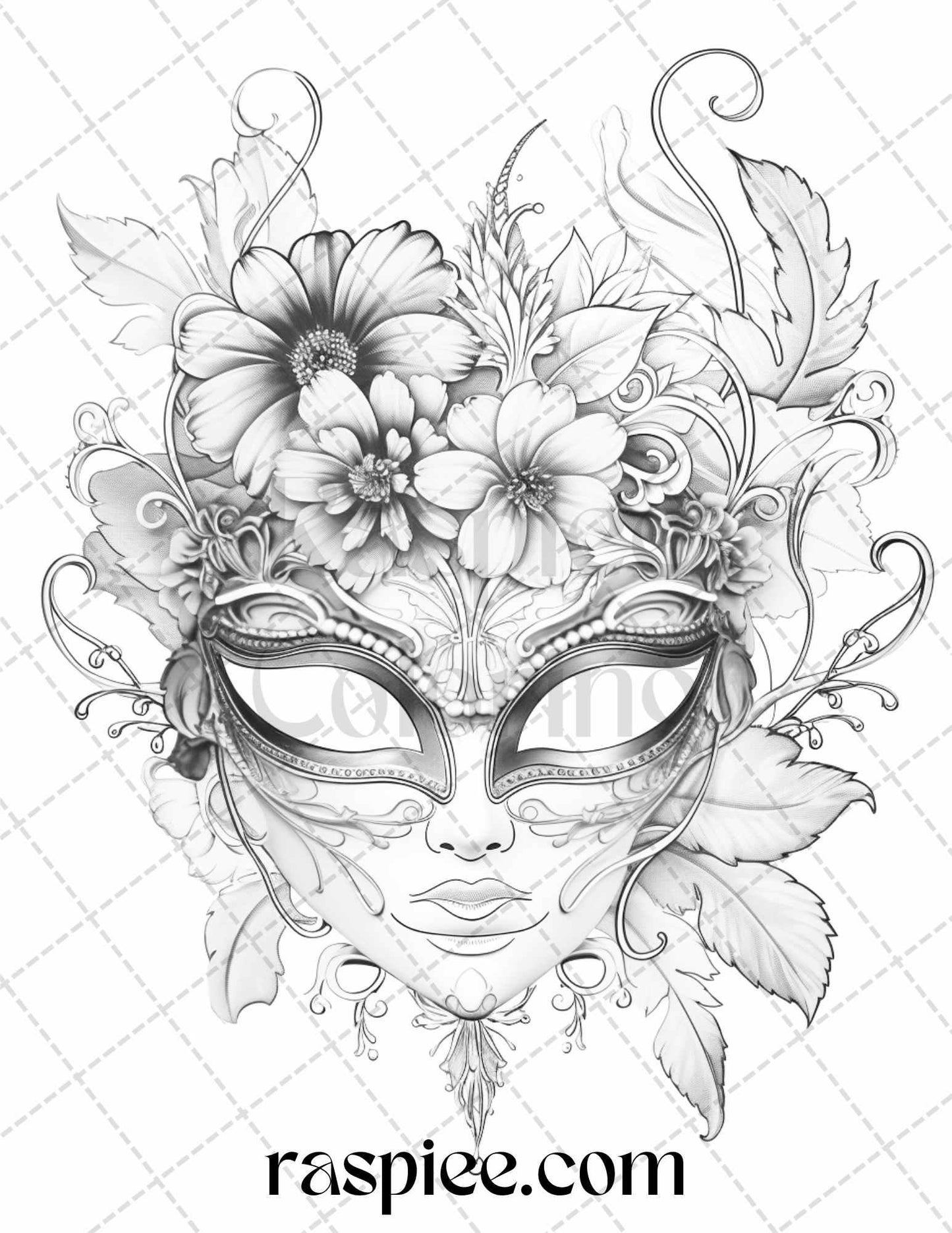 40 Masquerade Masks Grayscale Coloring Pages Printable for Adults, PDF File Instant Download