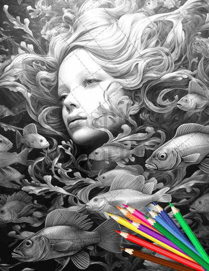 40 Enchanted Mermaid Grayscale Coloring Pages Printable for Adults, PDF File Instant Download