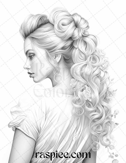 43 Beautiful Hairstyles Grayscale Coloring Pages Printable for Adults, PDF File Instant Download