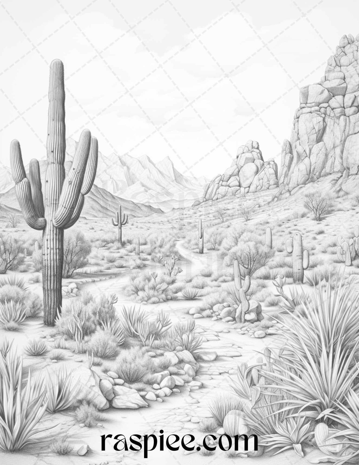 40 Desert Landscapes Grayscale Coloring Pages Printable for Adults, PDF File Instant Download