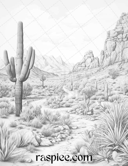 40 Desert Landscapes Grayscale Coloring Pages Printable for Adults, PDF File Instant Download