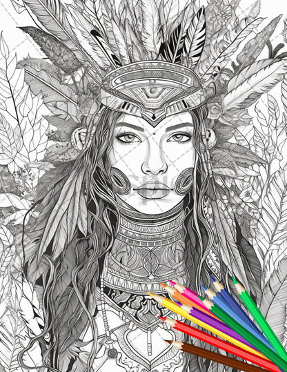 30 Native American Girls Printable Coloring Pages for Adult, Native American Culture Grayscale Coloring Book, Printable PDF File Download