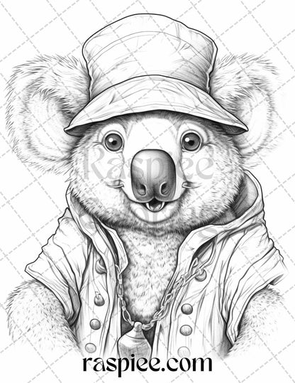 40 Pirate Animals Grayscale Coloring Pages Printable for Adults, PDF File Instant Download