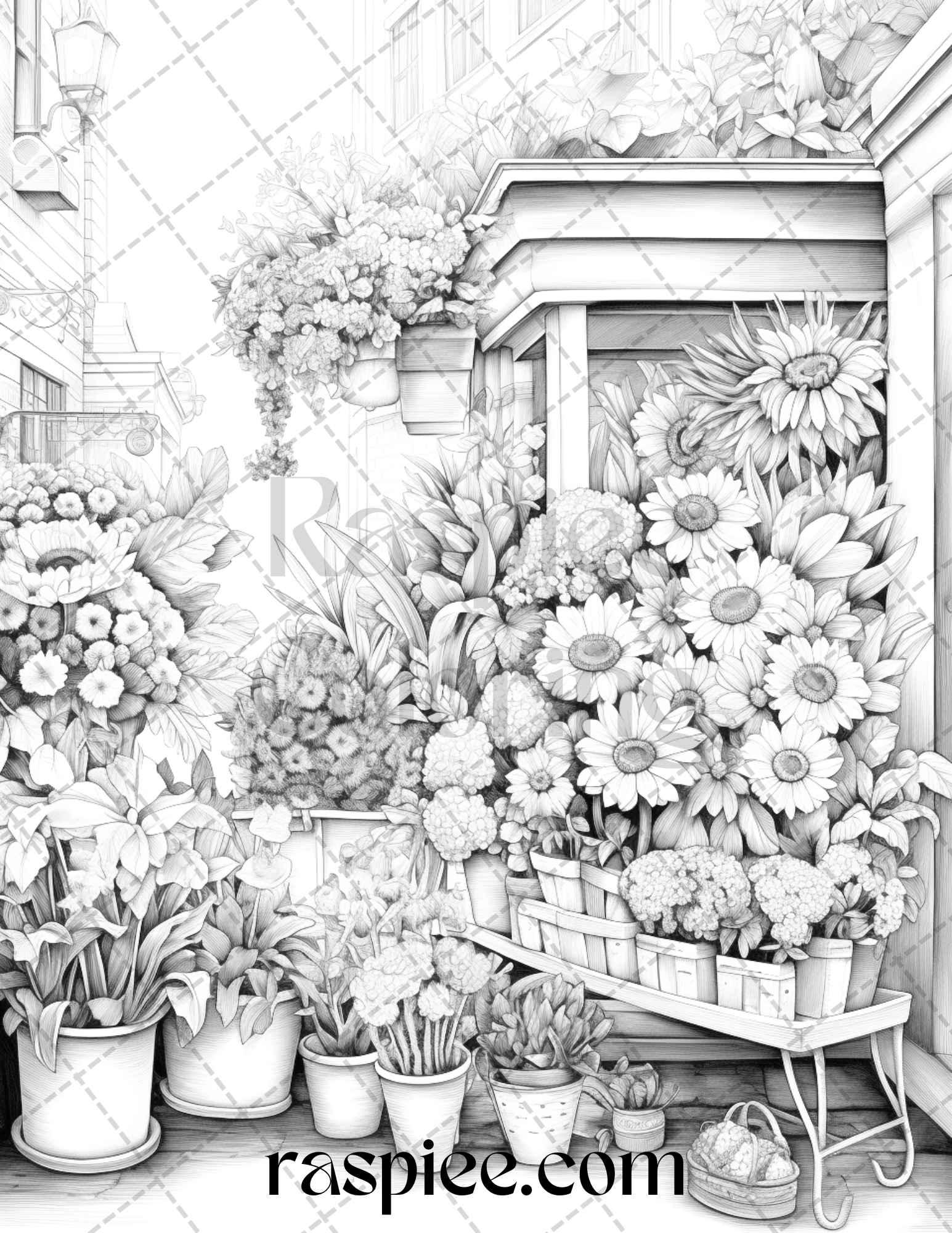 45 Flower Store Front Grayscale Coloring Pages Printable for Adults, PDF File Instant Download