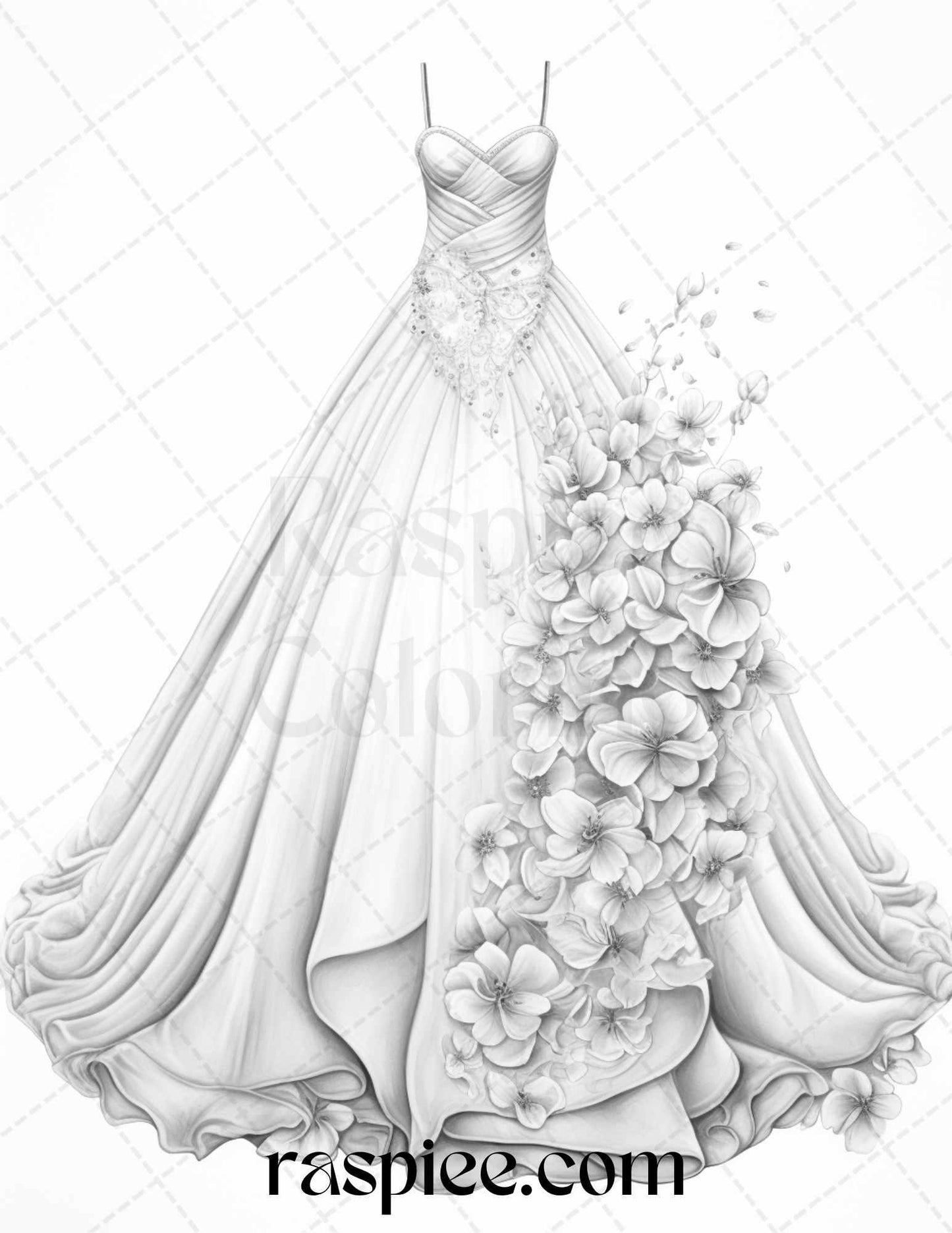 40 Elegant Floral Wedding Dresses Grayscale Coloring Pages Printable for Adults, PDF File Instant Download