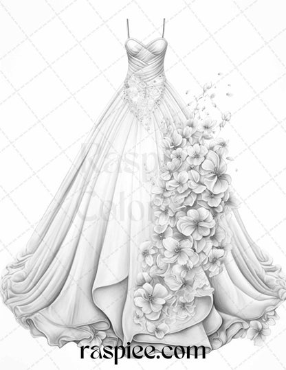 40 Elegant Floral Wedding Dresses Grayscale Coloring Pages Printable for Adults, PDF File Instant Download