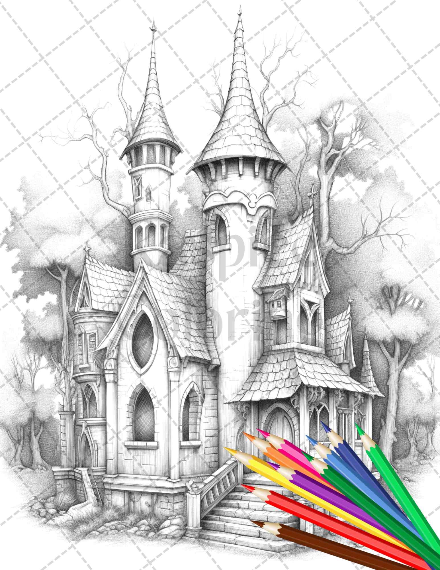 40 Creepy Gothic Houses Grayscale Coloring Pages Printable for Adults, PDF File Instant Download