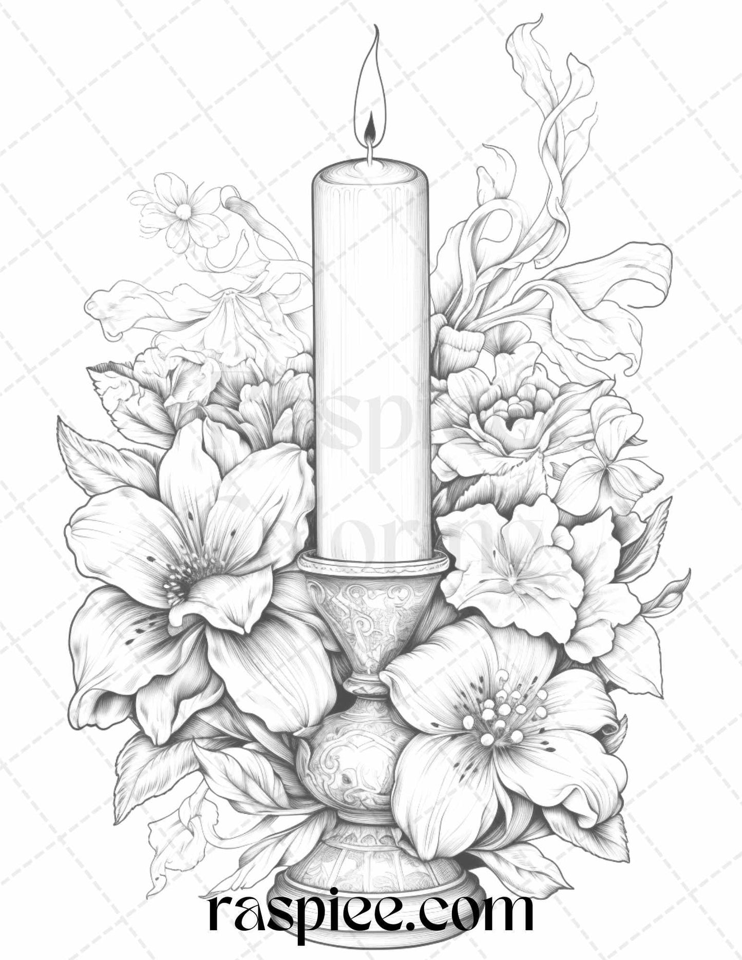 40 Flower Candles Grayscale Coloring Pages Printable for Adults, PDF File Instant Download