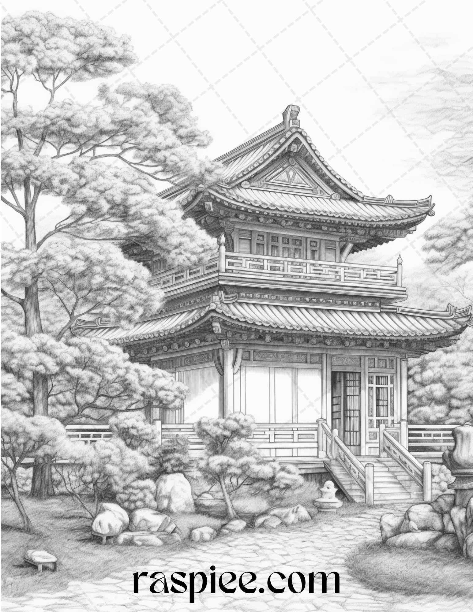 40 Traditional Chinese Houses Grayscale Coloring Pages Printable for Adults, PDF File Instant Download