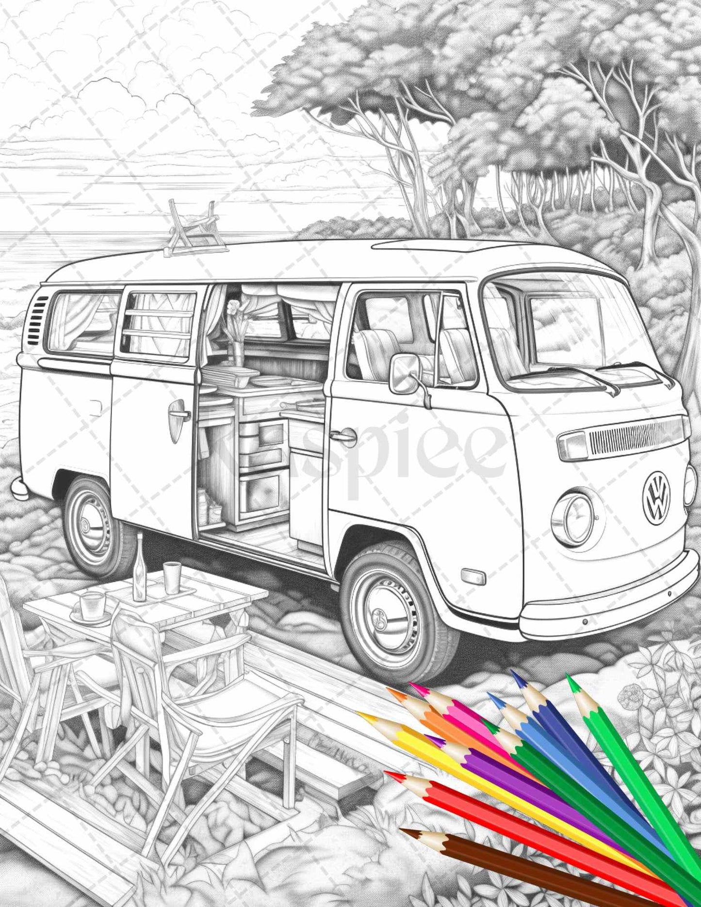 30 Campervan Adventure Grayscale Coloring Pages Printable for Adults, PDF File Instant Download