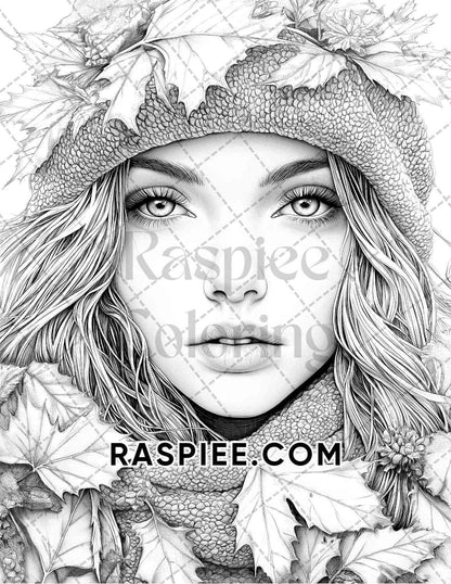 Autumn Beauties Portrait Adult Coloring Pages Printable PDF Instant Download