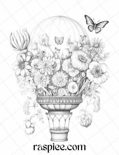 42 Flower Hot Air Balloons Grayscale Coloring Pages Printable for Adults, PDF File Instant Download