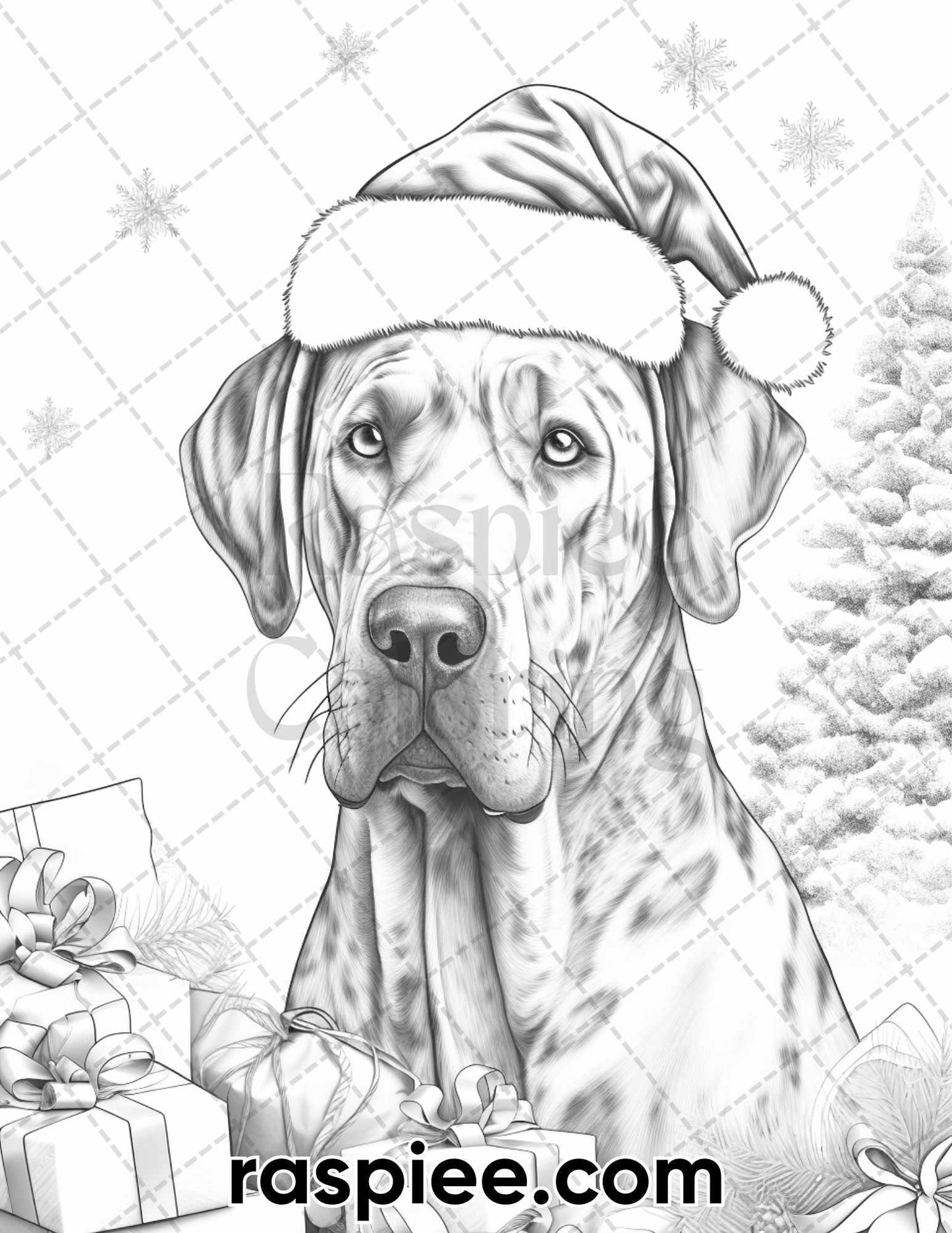 45 Christmas Dogs Grayscale Coloring Pages for Adults, Printable PDF Instant Download