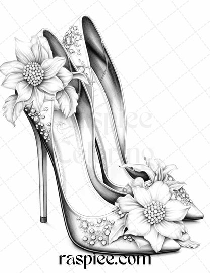 40 Flower Wedding Shoes Grayscale Coloring Pages Printable for Adults, PDF File Instant Download