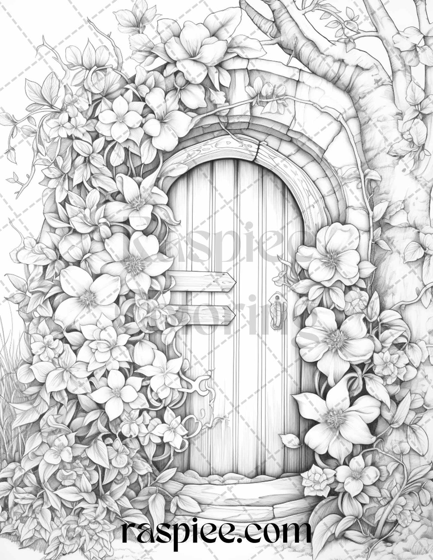 40 Flower Fairy Doors Grayscale Coloring Pages Printable for Adults, PDF File Instant Download