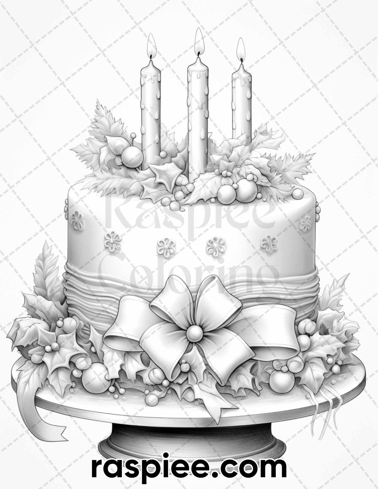 45 Christmas Cakes Grayscale Coloring Pages for Adults, Printable PDF File Instant Download