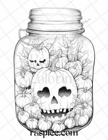 40 Halloween in Jar Grayscale Coloring Pages for Adults, Printable PDF File Instant Download