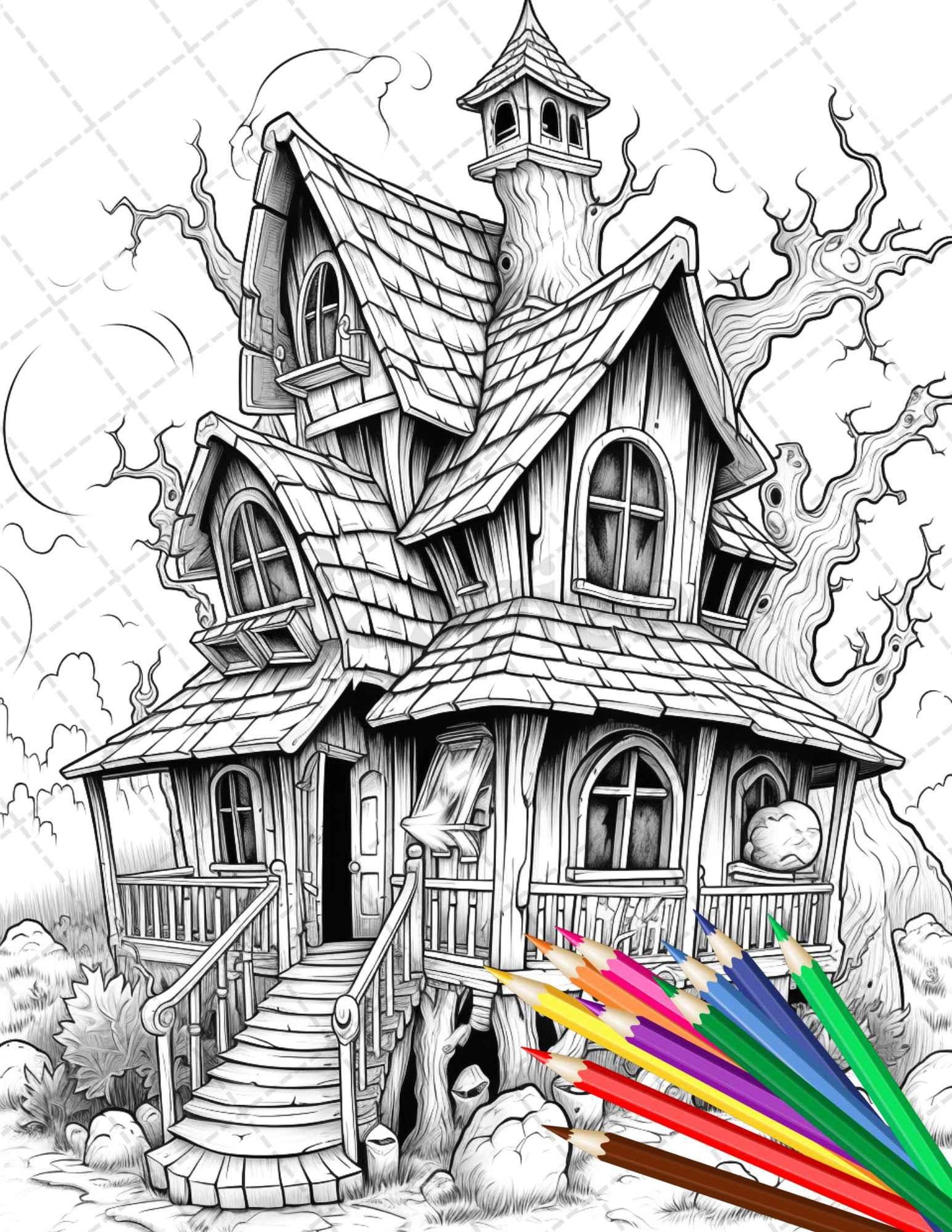 32 Spooky Houses Coloring Pages Printable for Adults, Grayscale Coloring Page, PDF File Instant Download