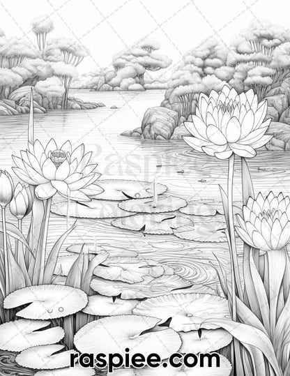 40 Lotus Pond Serenity Grayscale Adult Coloring Pages, Printable PDF Instant Download