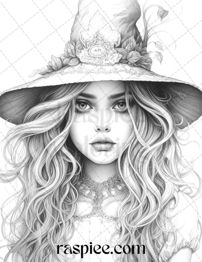 40 Beautiful Witches Grayscale Coloring Pages Printable for Adults, PDF File Instant Download