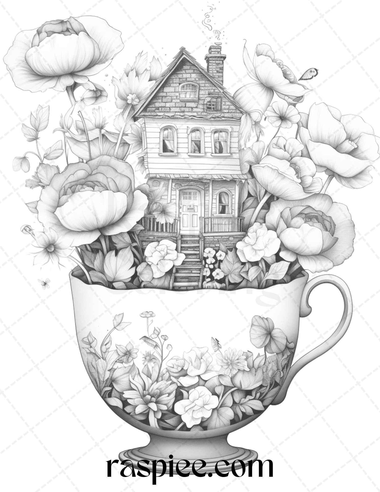 40 Flower Teacup Fairy Houses Grayscale Coloring Pages Printable for Adults, PDF File Instant Download