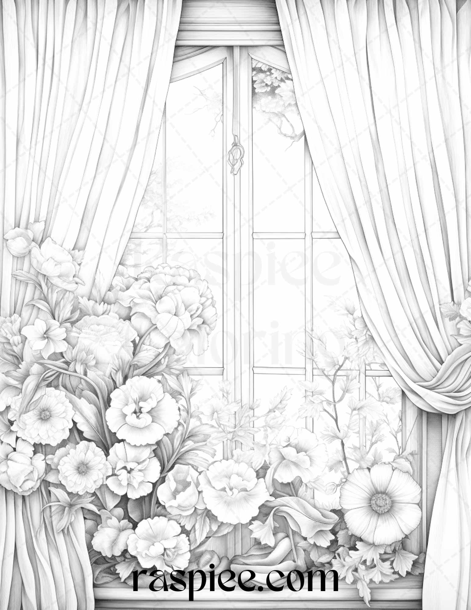 50 Blooming Windows Grayscale Coloring Pages Printable for Adults, PDF File Instant Download