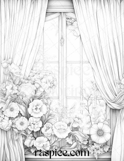 50 Blooming Windows Grayscale Coloring Pages Printable for Adults, PDF File Instant Download