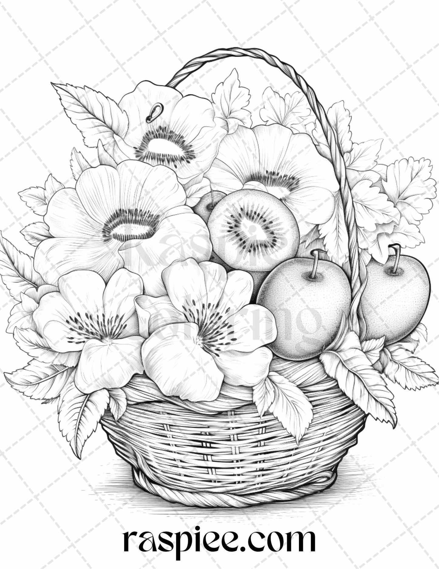 40 Fruit Basket Grayscale Coloring Pages Printable for Adults, PDF File Instant Download