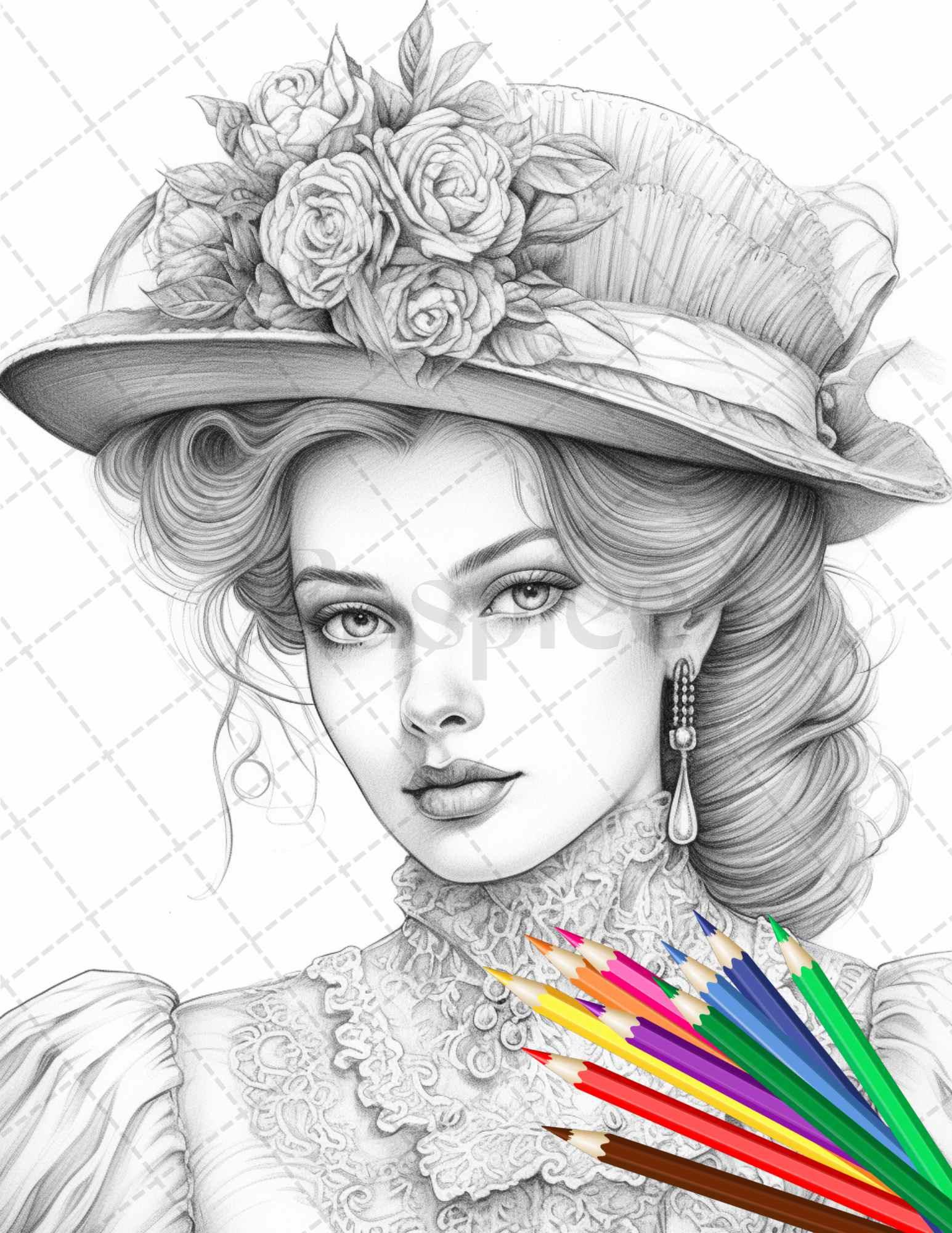 43 Beautiful Victorian Women Grayscale Coloring Pages Printable for Adults, PDF File Instant Download