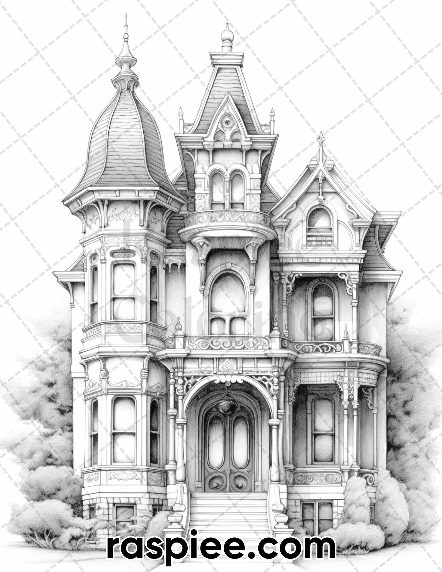 40 Victorian Mansions Grayscale Coloring Pages for Adults, Printable PDF Instant Download