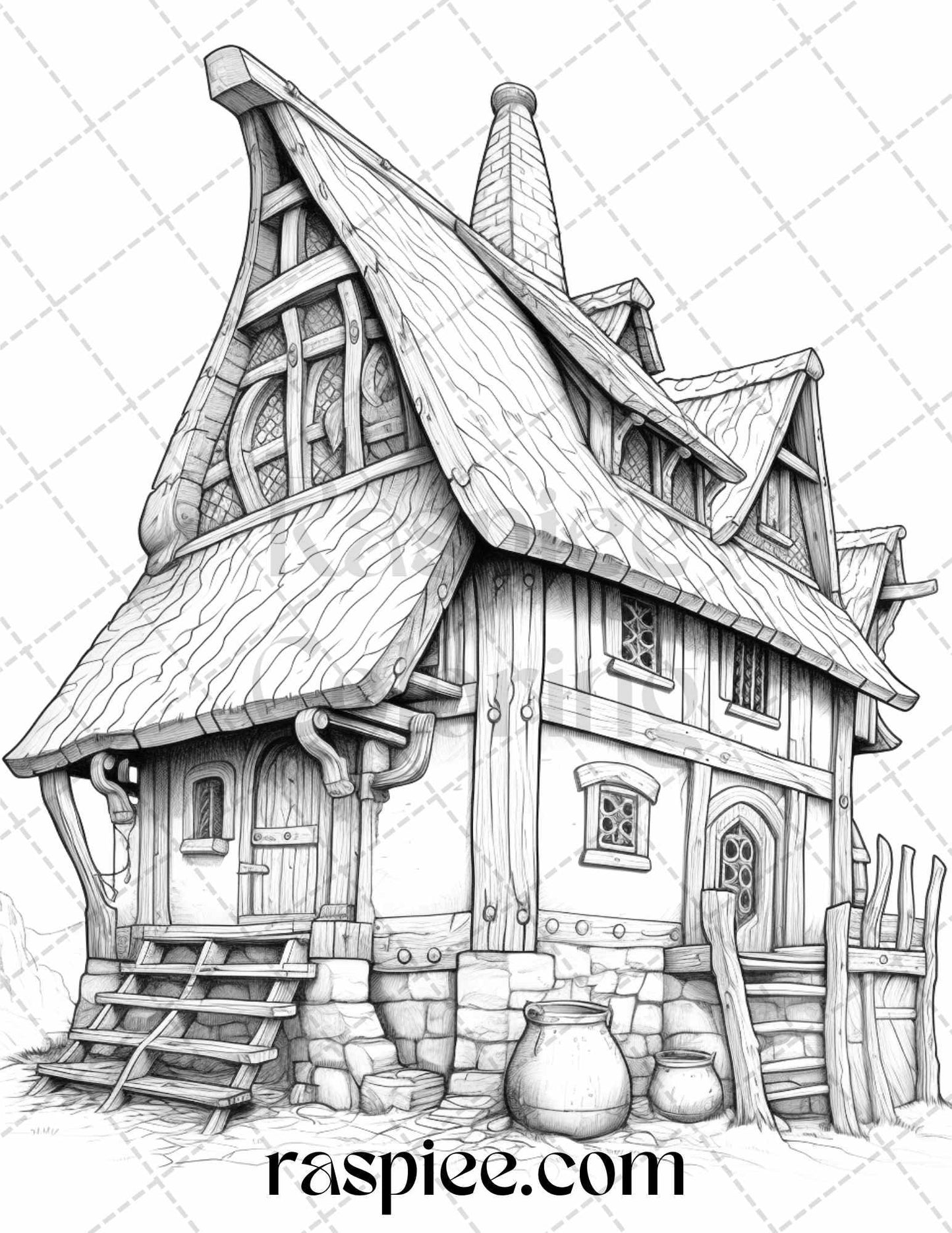 40 Viking Houses Grayscale Coloring Pages Printable for Adults, PDF File Instant Download