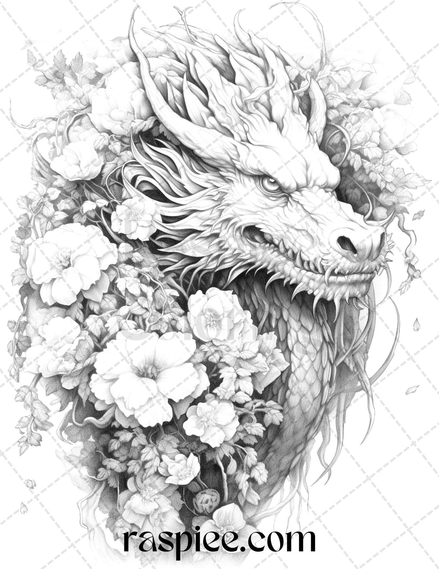 40 Flower Dragon Grayscale Coloring Pages Printable for Adults, PDF File Instant Download