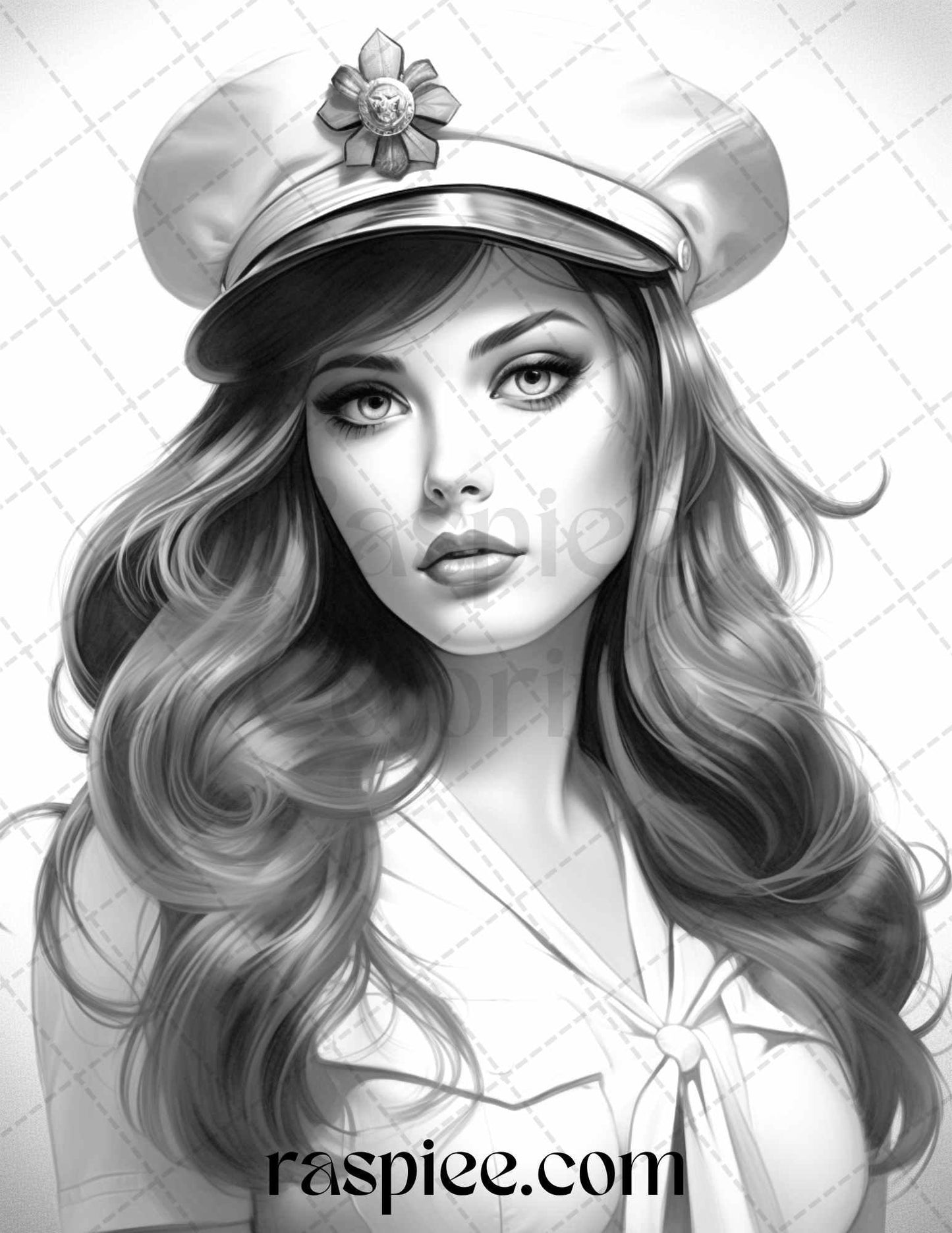 40 Sailor Pin Up Girls Grayscale Coloring Pages Printable for Adults, PDF File Instant Download