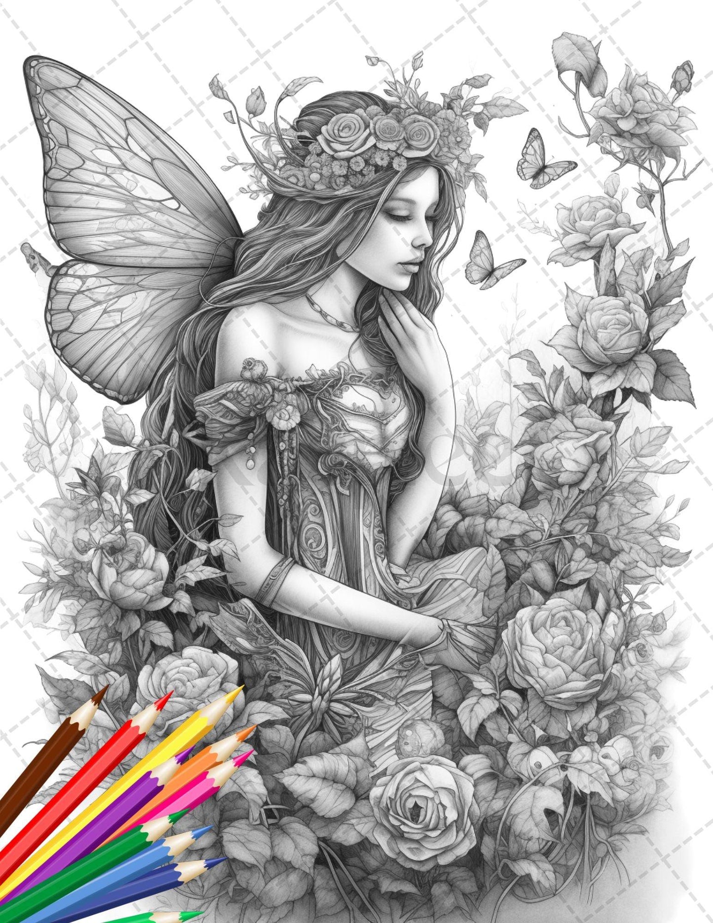 30 Beautiful Fairies Coloring Page Book for Adults, Flower Fairy Grayscale Coloring Book, Fairy Coloring Sheets, Printable PDF File Download