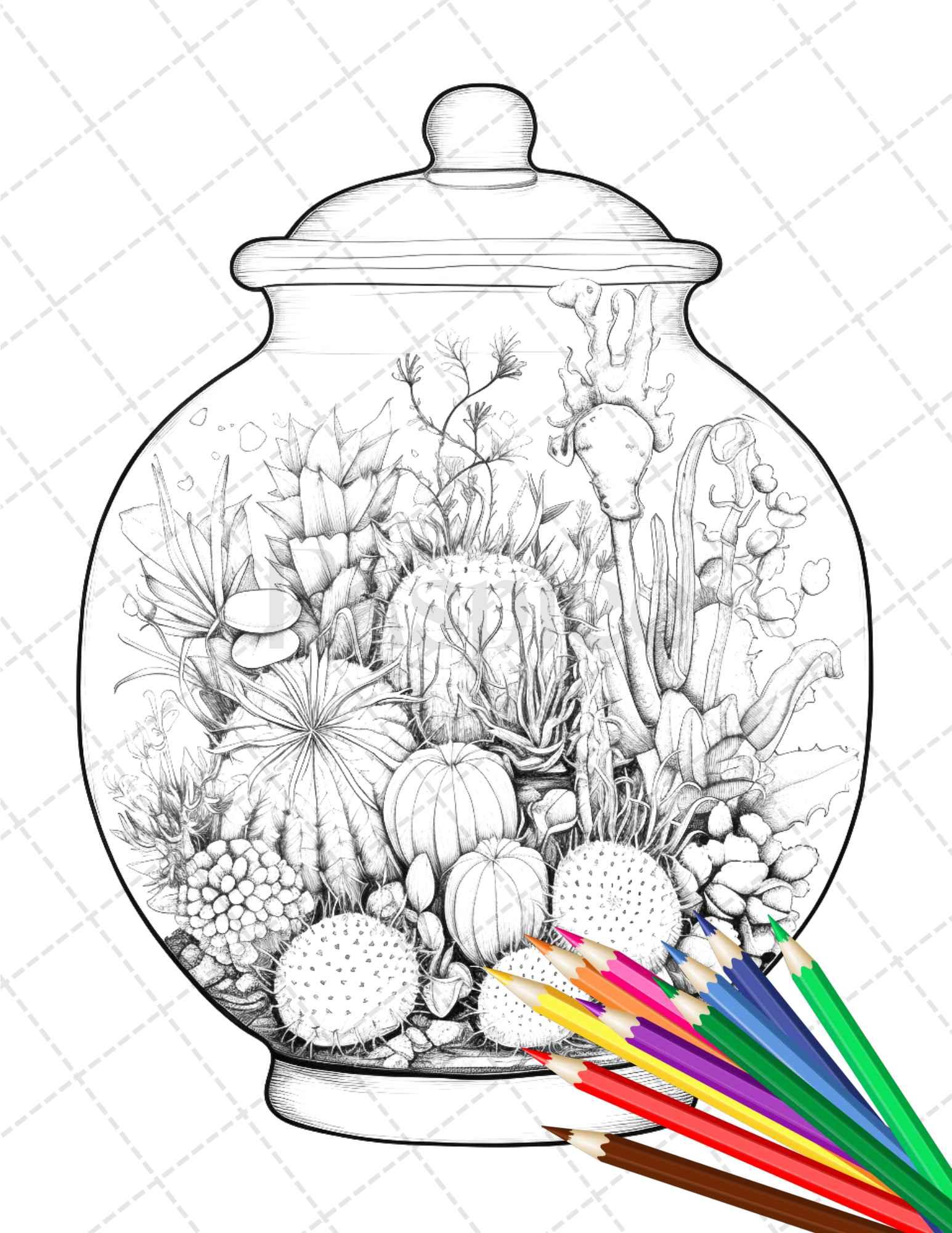 34 Enchanted Terrarium Grayscale Coloring Pages Printable for Adults, PDF File Instant Download