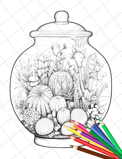 34 Enchanted Terrarium Grayscale Coloring Pages Printable for Adults, PDF File Instant Download