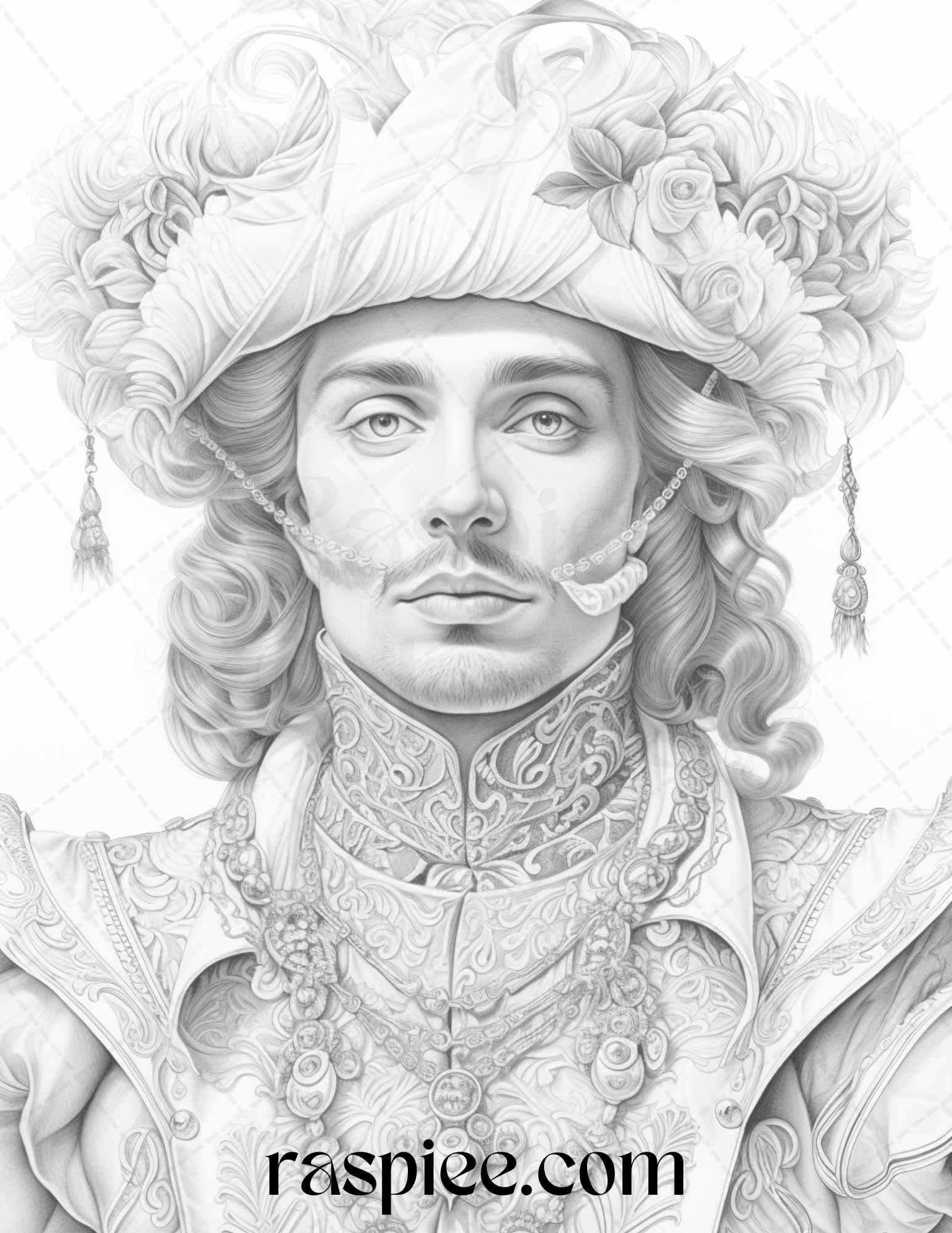 50 Baroque Man Portrait Grayscale Graysale Coloring Pages Printable for Adults, PDF File Instant Download