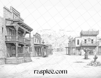 40 Wild West Towns Grayscale Coloring Pages Printable for Adults, PDF File Instant Download